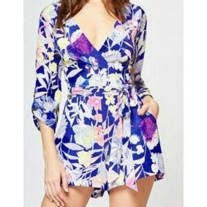 EUC Yumi Kim 100% Silk Bora Bora Blue Fiesta Floral Belted Romper XS​​​